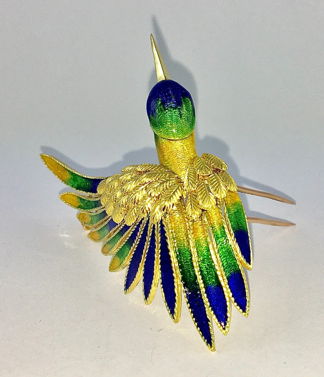 Broche Mauboussin Oiseau De Paradis Vintage Email Polychrome Et Diamants Sur Or Jaune -photo-1