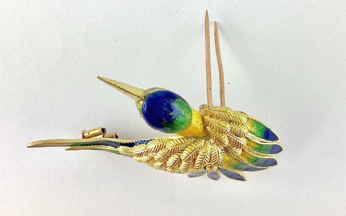 Broche Mauboussin Oiseau De Paradis Vintage Email Polychrome Et Diamants Sur Or Jaune -photo-2