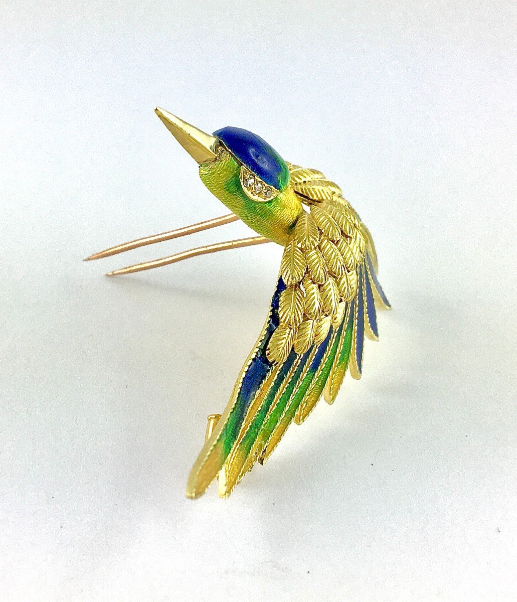 Broche Mauboussin Oiseau De Paradis Vintage Email Polychrome Et Diamants Sur Or Jaune -photo-3