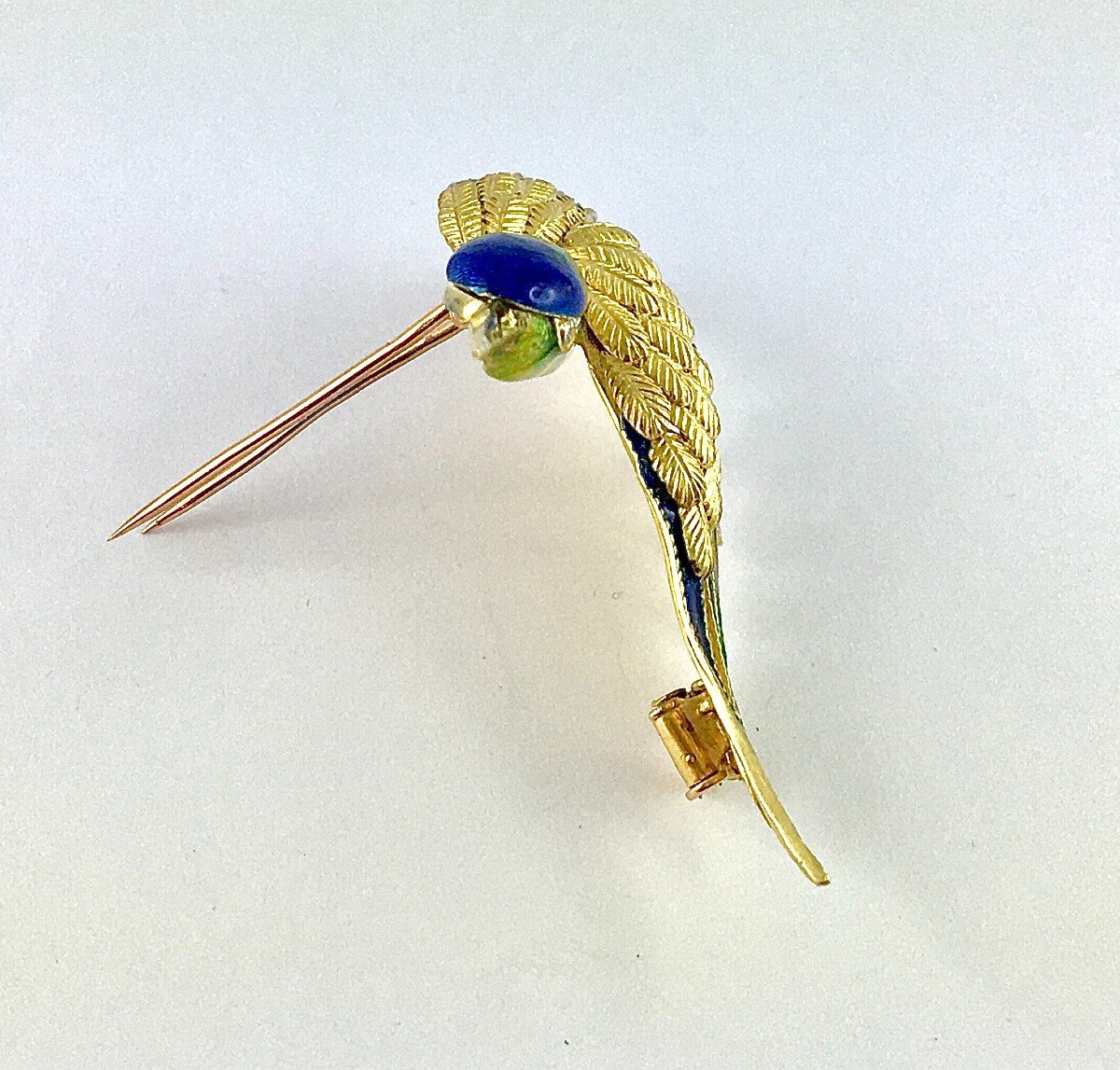 Broche Mauboussin Oiseau De Paradis Vintage Email Polychrome Et Diamants Sur Or Jaune -photo-4