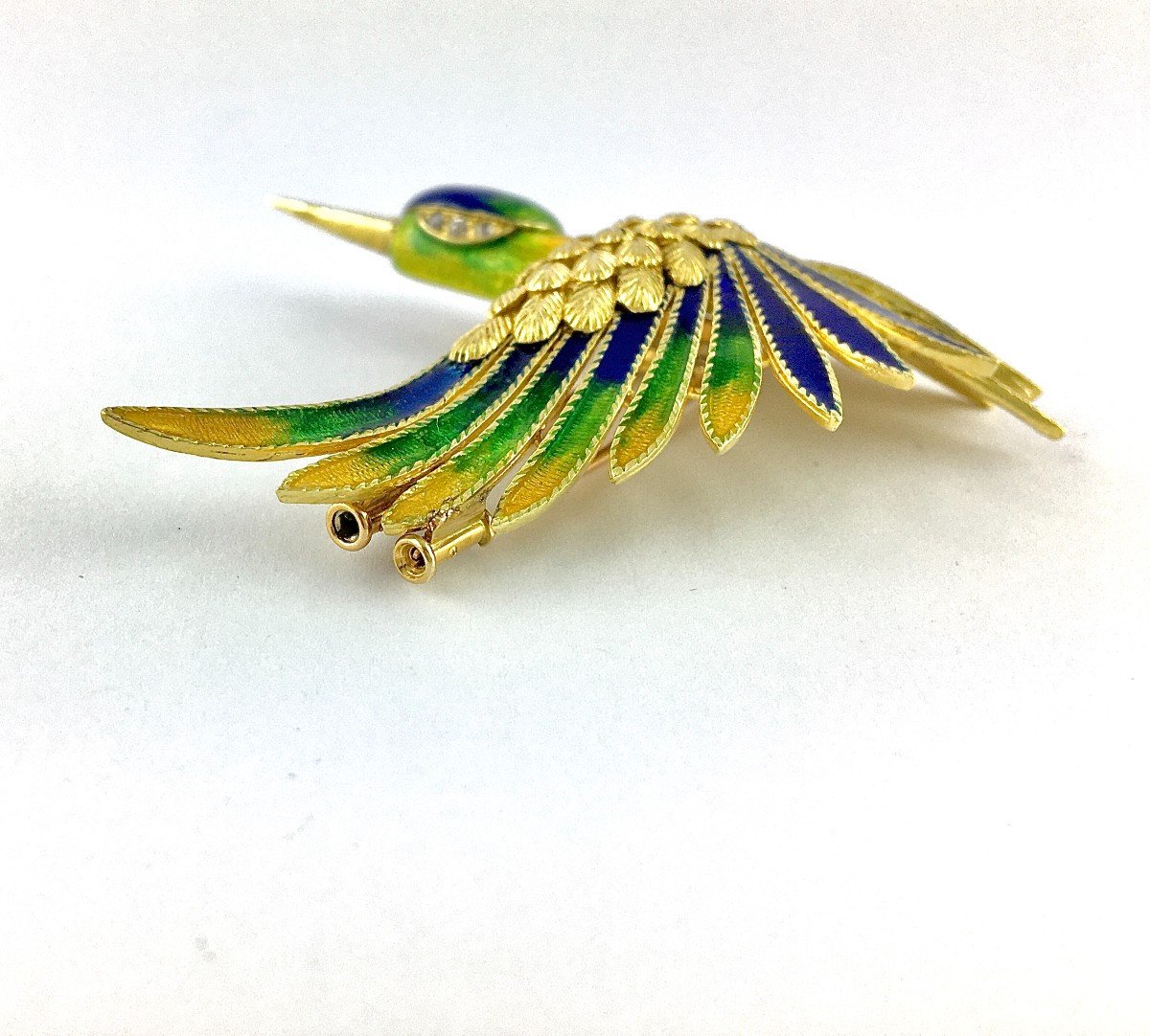 Broche Mauboussin Oiseau De Paradis Vintage Email Polychrome Et Diamants Sur Or Jaune -photo-5