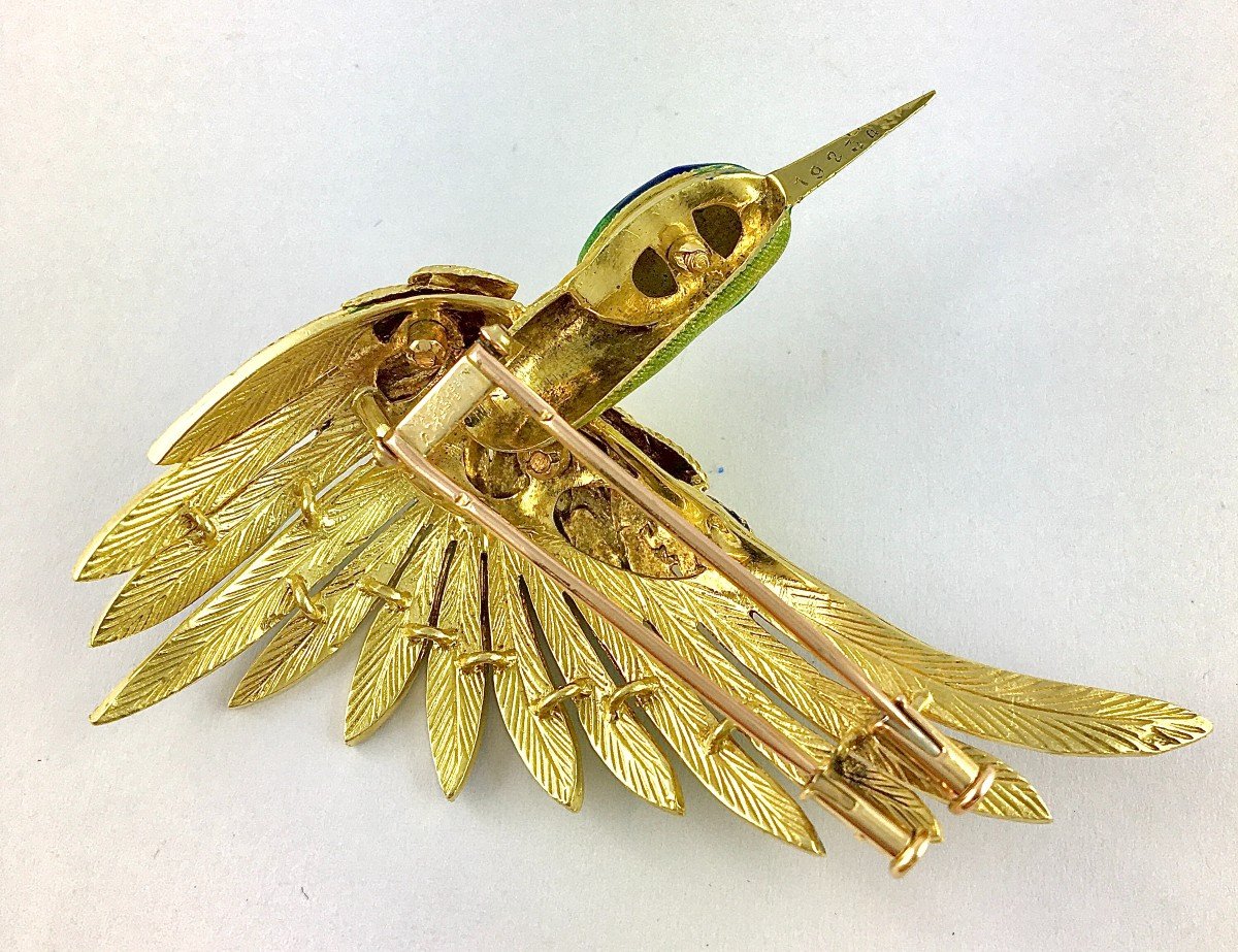 Broche Mauboussin Oiseau De Paradis Vintage Email Polychrome Et Diamants Sur Or Jaune -photo-6