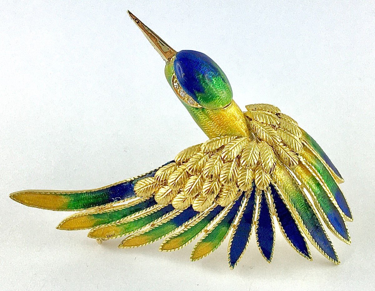 Broche Mauboussin Oiseau De Paradis Vintage Email Polychrome Et Diamants Sur Or Jaune 