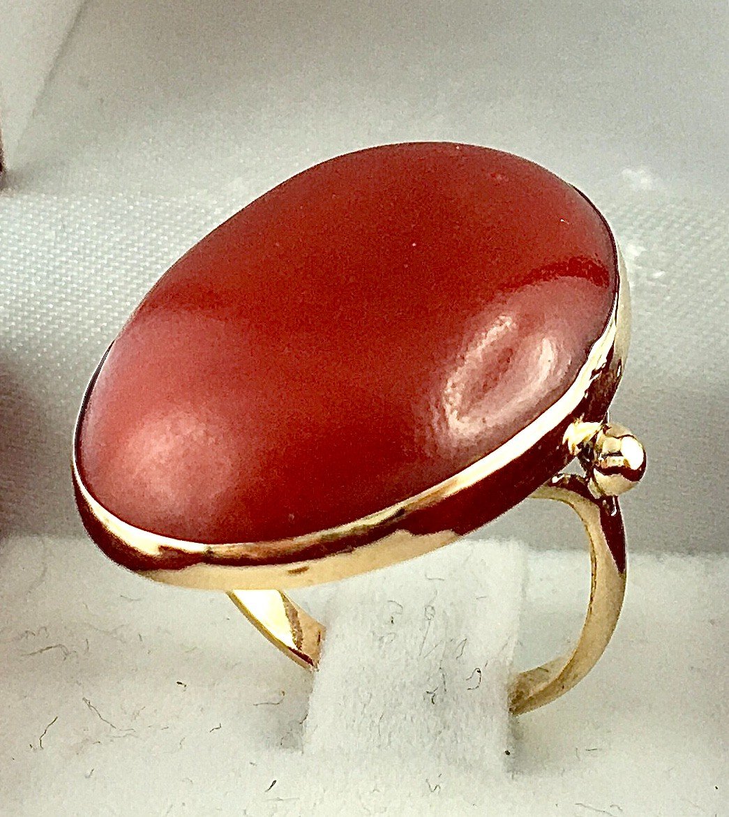 Bague Cabochon De Corail Rouge Ancien Sur Or Jaune -photo-2