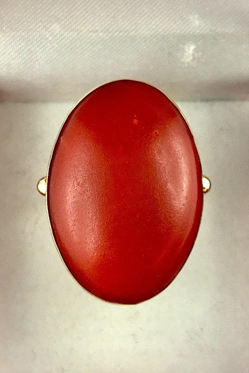 Bague Cabochon De Corail Rouge Ancien Sur Or Jaune -photo-4