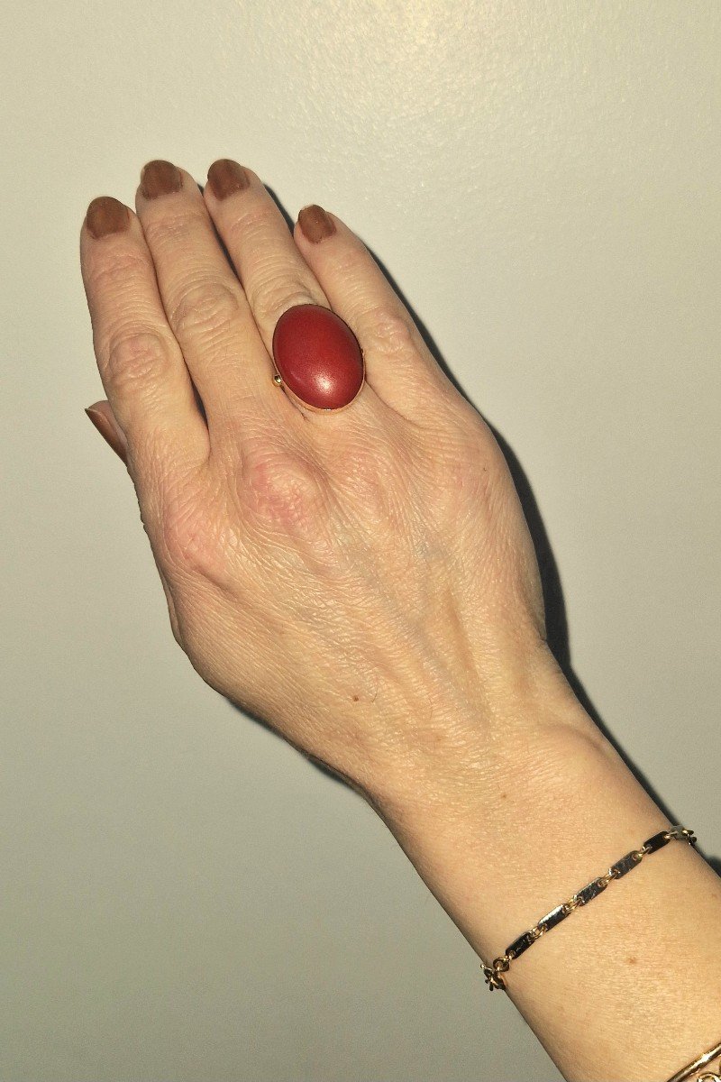 Bague Cabochon De Corail Rouge Ancien Sur Or Jaune -photo-7