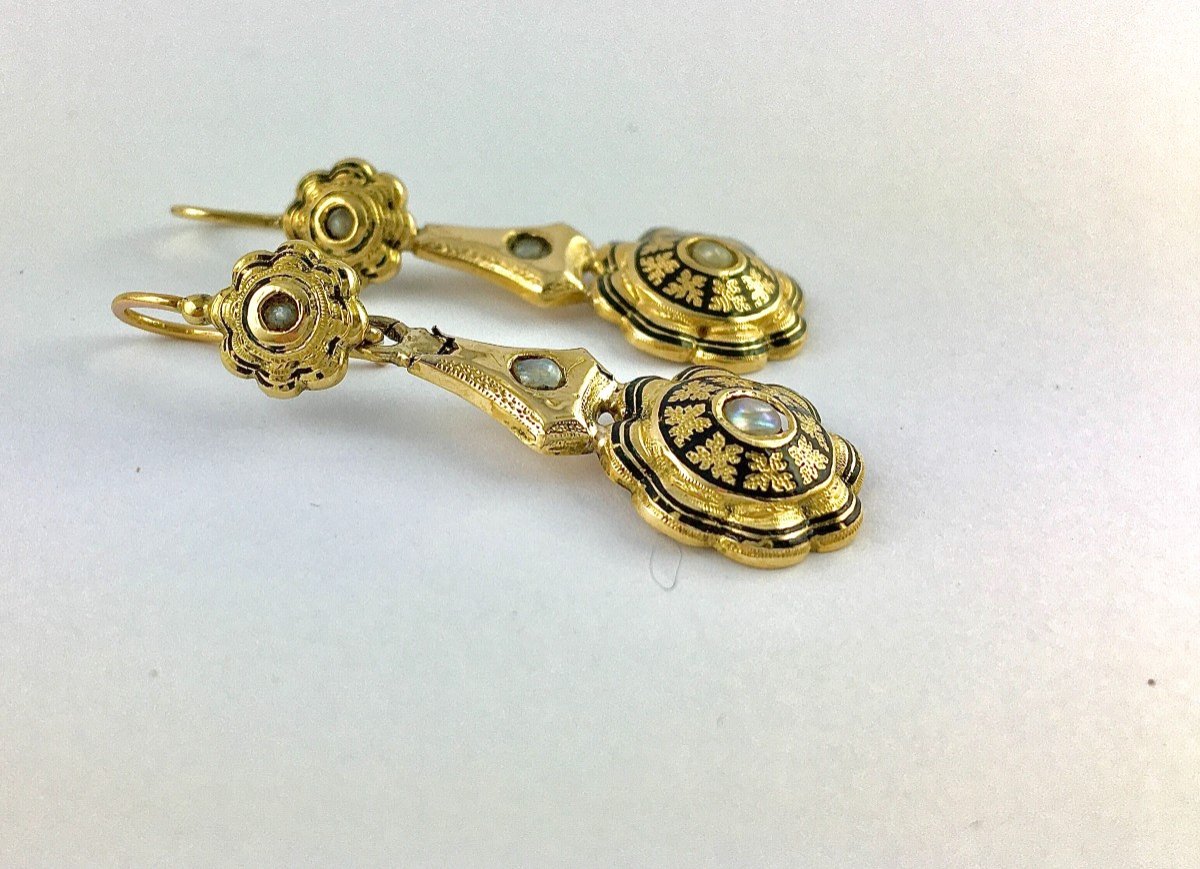 Black Enamel And Fine Pearl Pendant Earrings On Yellow Gold Napoleon III (napoleon 3)-photo-6