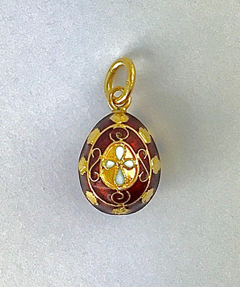 Russian Egg Pendant Red Enamel White Cross Faberge Style On Yellow Gold-photo-4