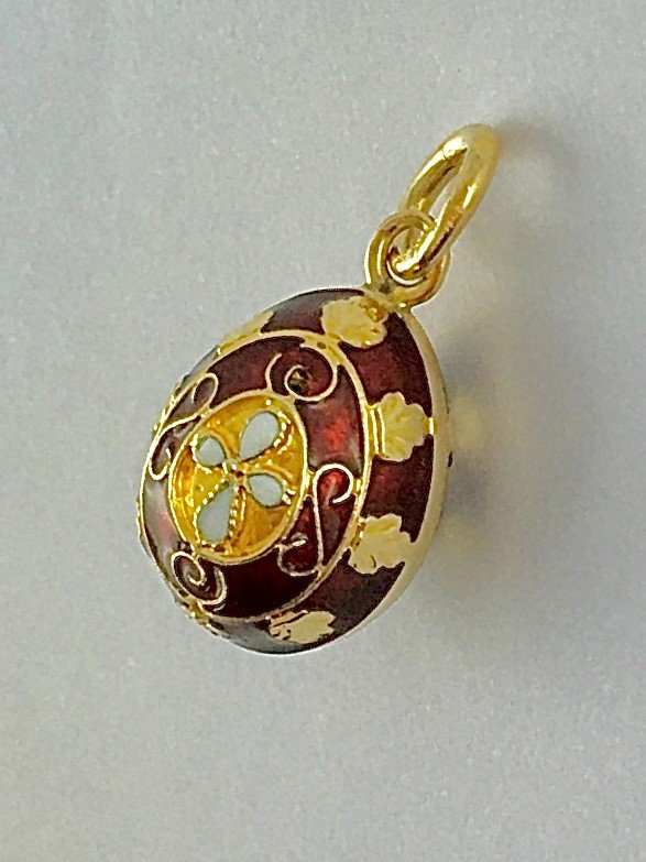 Russian Egg Pendant Red Enamel White Cross Faberge Style On Yellow Gold-photo-5