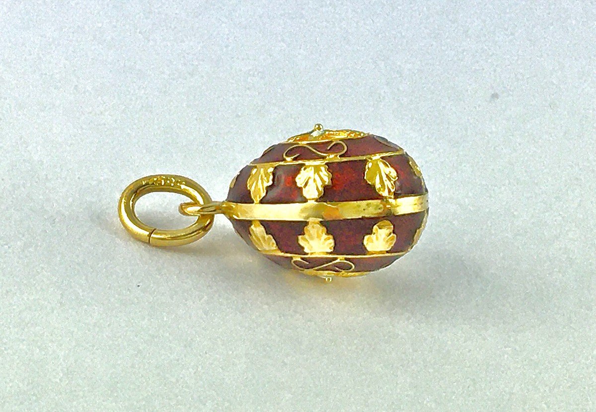 Russian Egg Pendant Red Enamel White Cross Faberge Style On Yellow Gold-photo-6