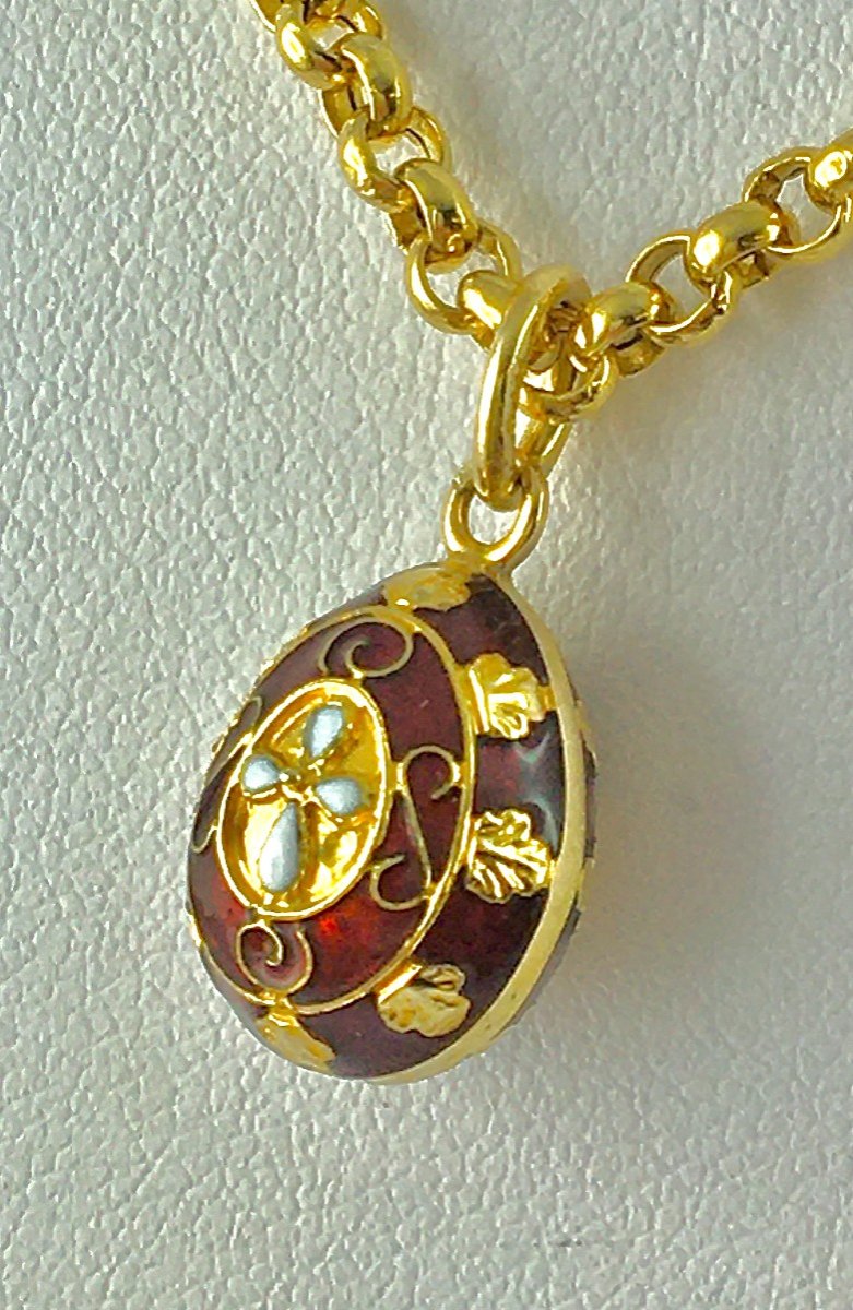 Russian Egg Pendant Red Enamel White Cross Faberge Style On Yellow Gold