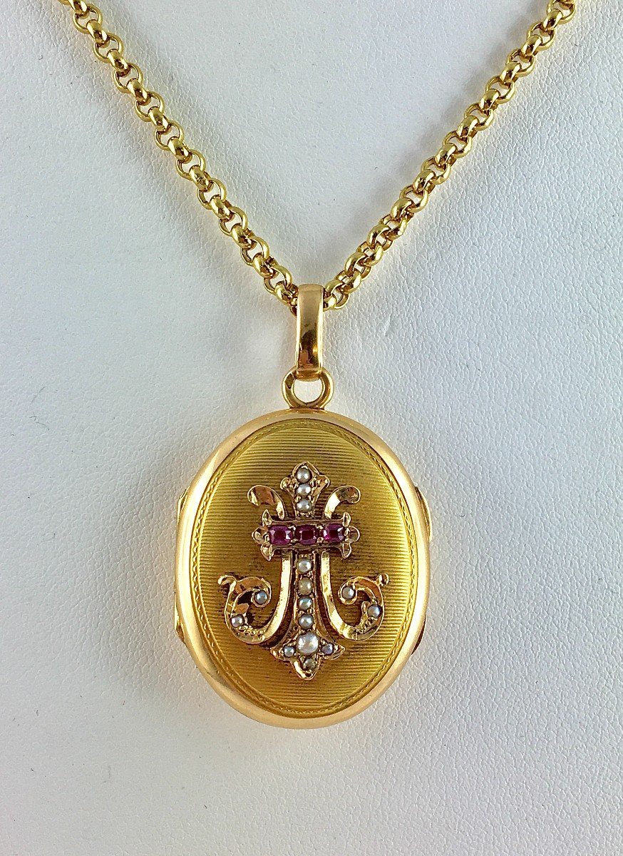 Médaillon Ouvrant Napoléon III Monogramme Perles Fines Et Rubis  / Or Jaune, Bijou De Sentiment-photo-2