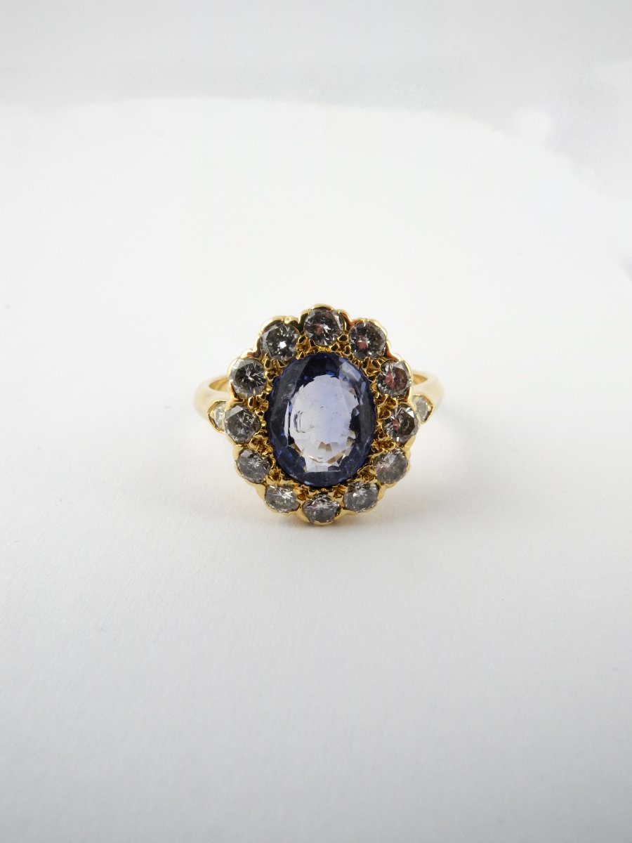 Bague Pompadour Saphir Bleu  Type Ceylan Entourage Diamants Sur Or Jaune-photo-2