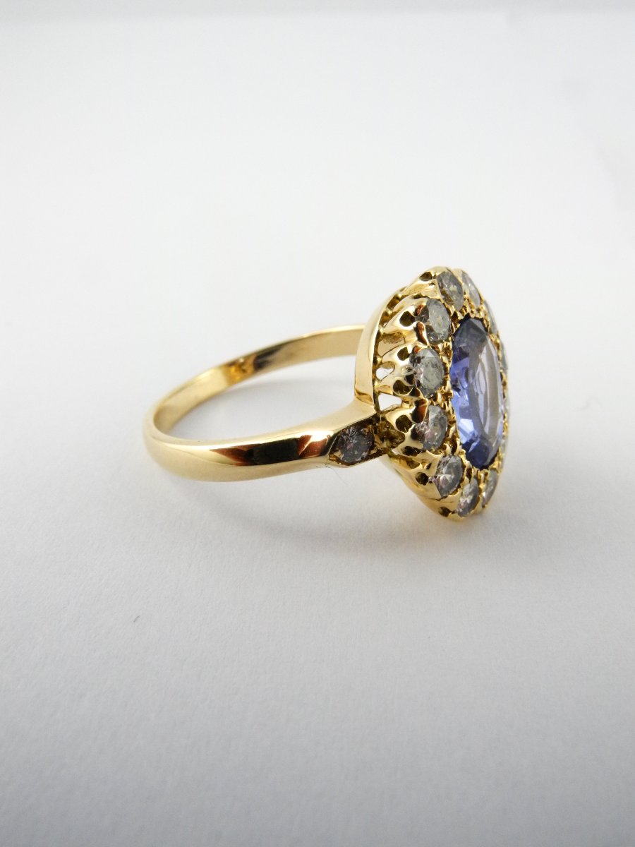 Bague Pompadour Saphir Bleu  Type Ceylan Entourage Diamants Sur Or Jaune-photo-4