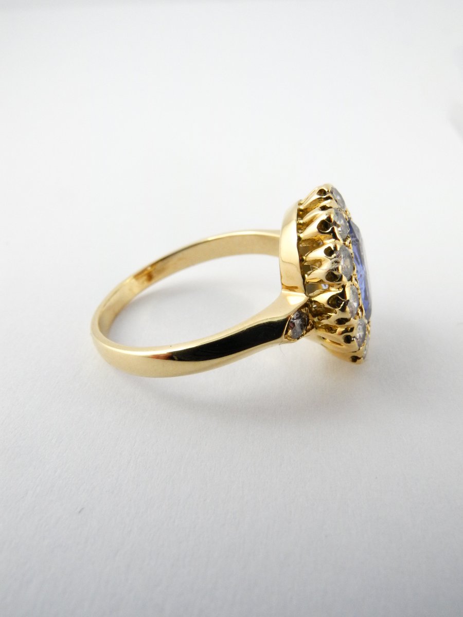 Pompadour Ring Blue Sapphire Ceylon Type Entourage Diamonds On Yellow Gold-photo-1