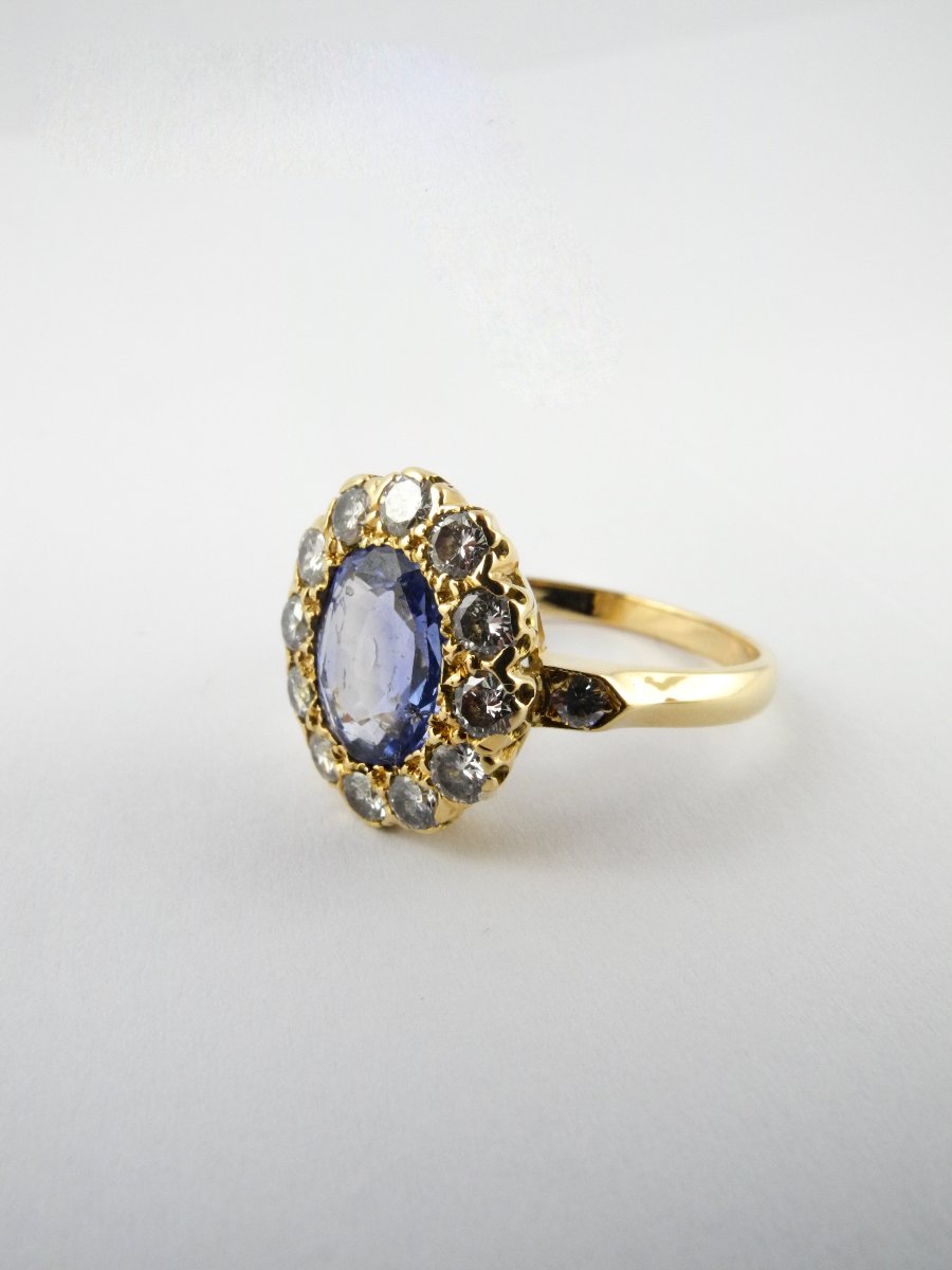 Bague Pompadour Saphir Bleu  Type Ceylan Entourage Diamants Sur Or Jaune-photo-2