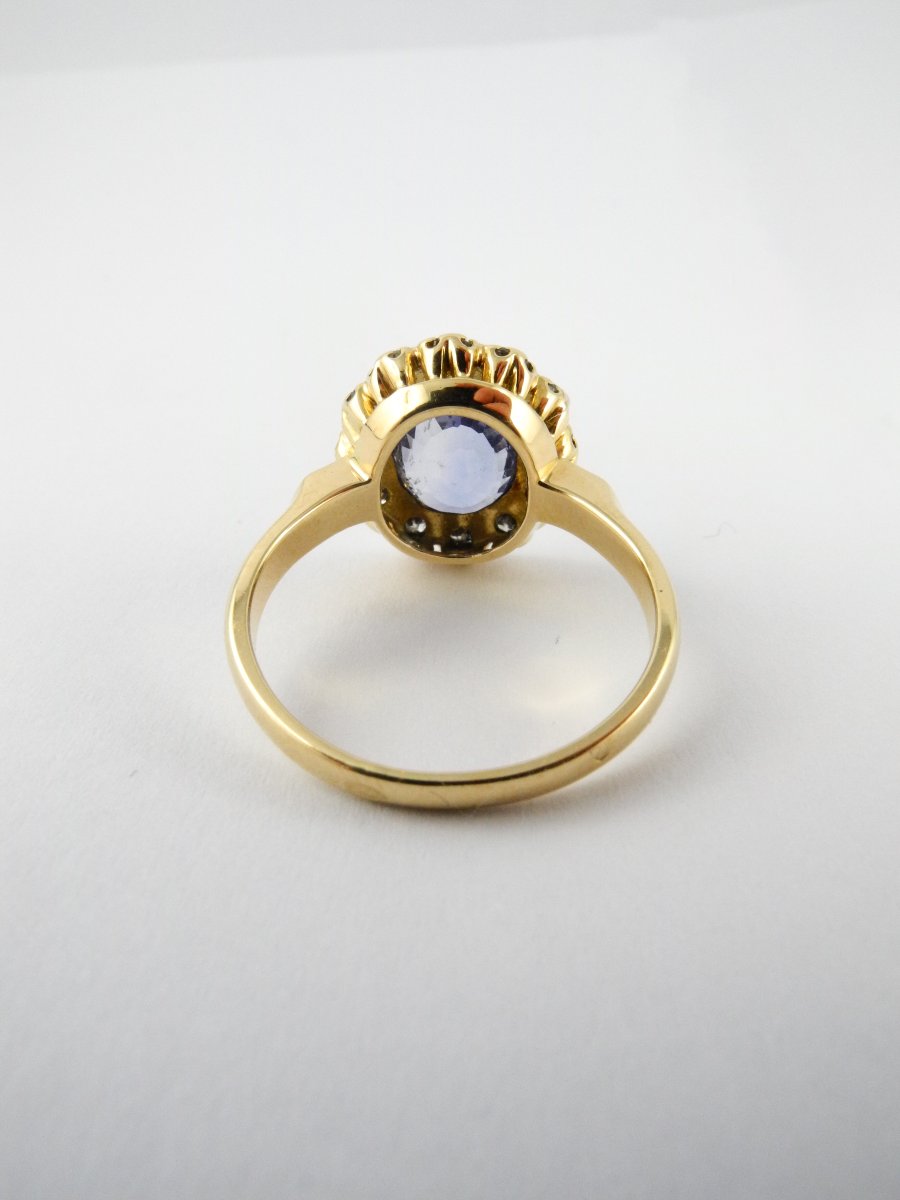 Bague Pompadour Saphir Bleu  Type Ceylan Entourage Diamants Sur Or Jaune-photo-6