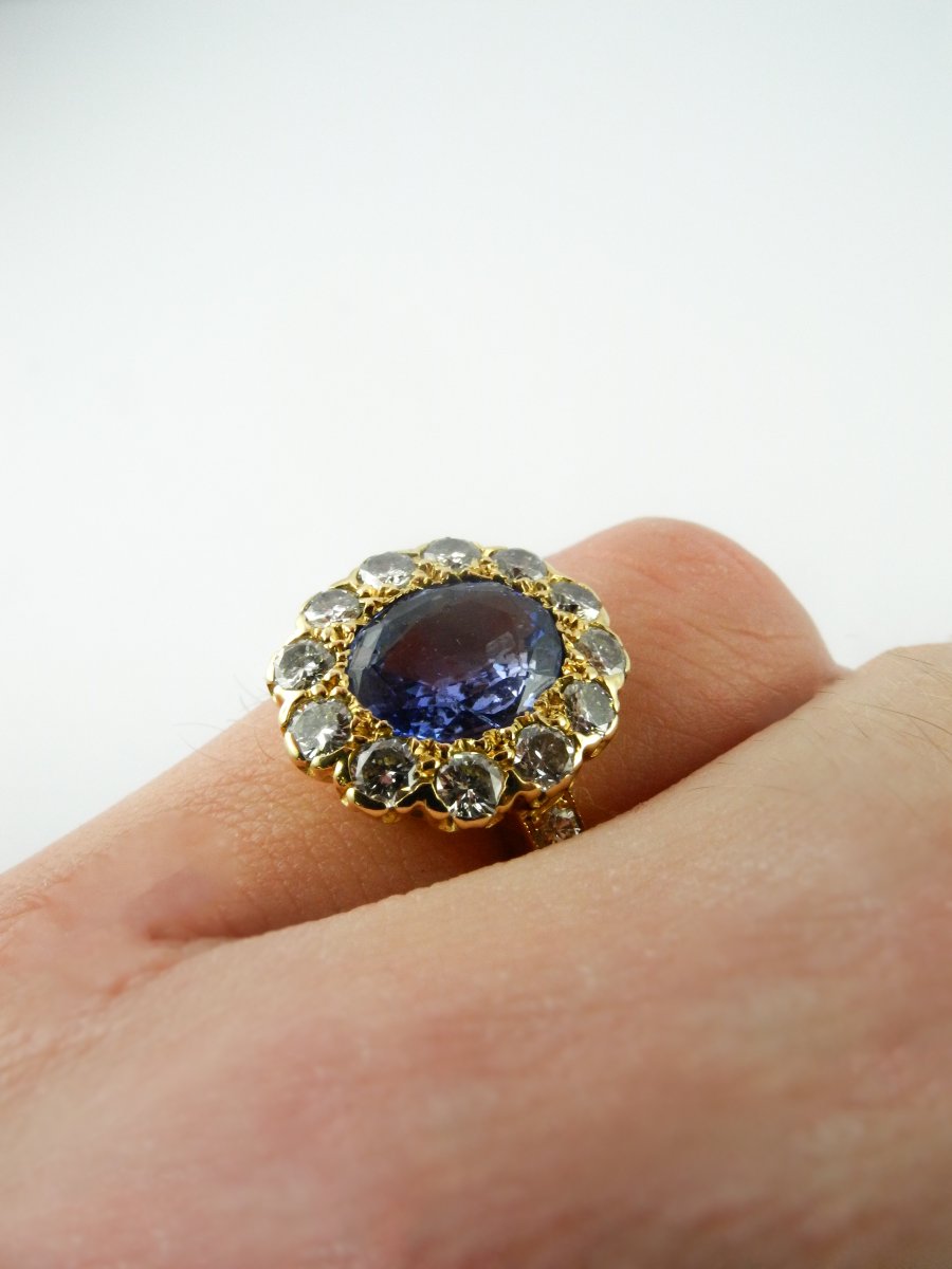 Bague Pompadour Saphir Bleu  Type Ceylan Entourage Diamants Sur Or Jaune-photo-8