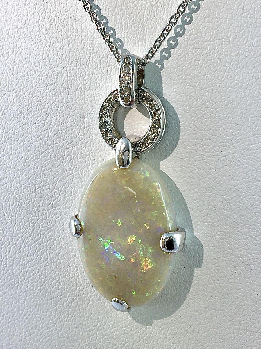 Opal And Diamond Pendant In White Gold