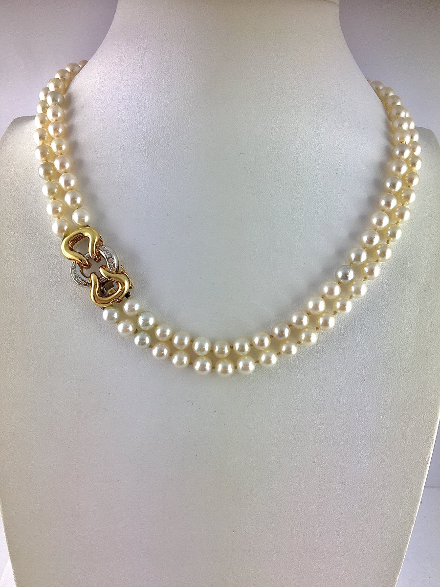 2 Row Akoya Cultured Pearl Choker Necklace With Diamond Knot Clasp / White And Yellow Gold-photo-2