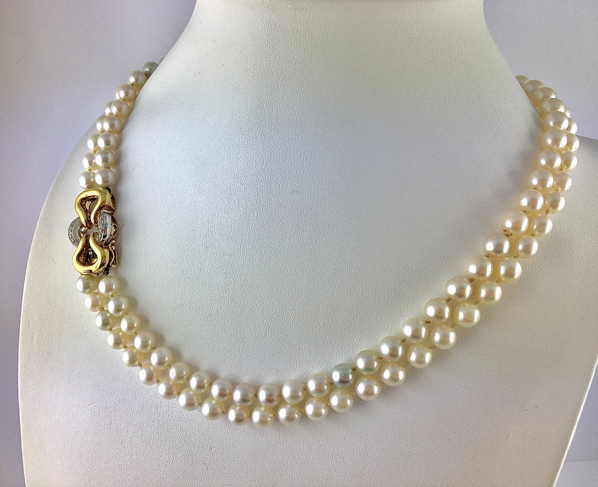 2 Row Akoya Cultured Pearl Choker Necklace With Diamond Knot Clasp / White And Yellow Gold-photo-3