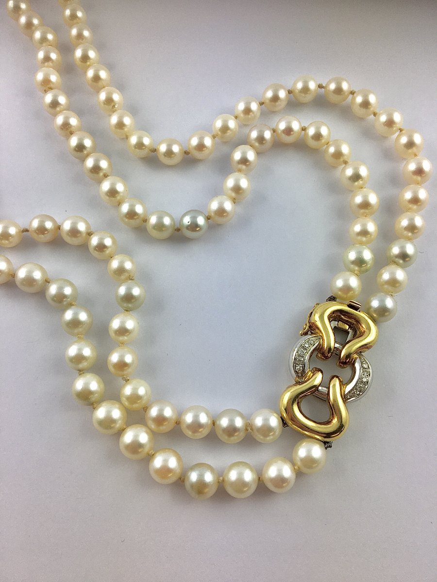 2 Row Akoya Cultured Pearl Choker Necklace With Diamond Knot Clasp / White And Yellow Gold-photo-4