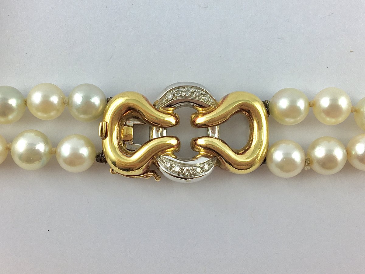 2 Row Akoya Cultured Pearl Choker Necklace With Diamond Knot Clasp / White And Yellow Gold-photo-2