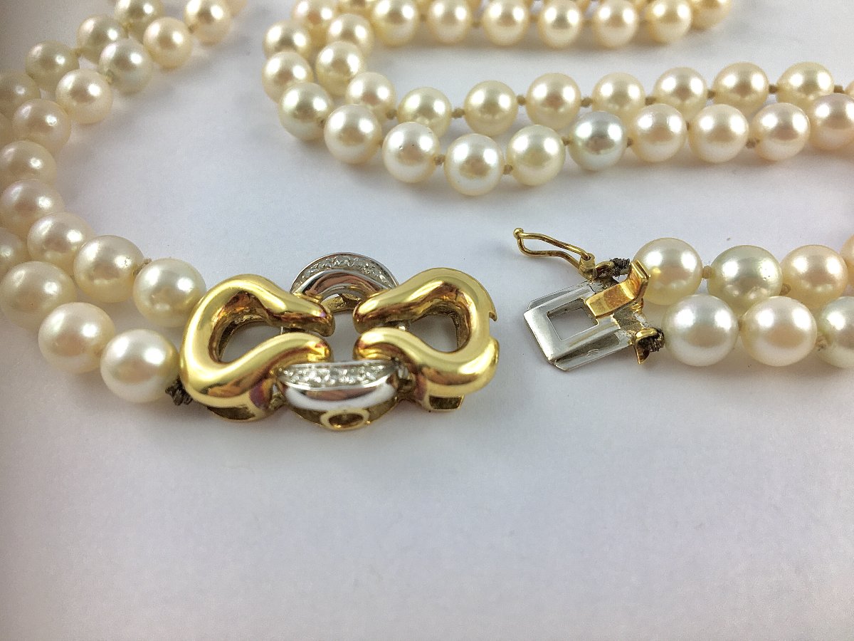 2 Row Akoya Cultured Pearl Choker Necklace With Diamond Knot Clasp / White And Yellow Gold-photo-4