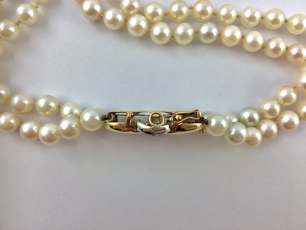 2 Row Akoya Cultured Pearl Choker Necklace With Diamond Knot Clasp / White And Yellow Gold-photo-6