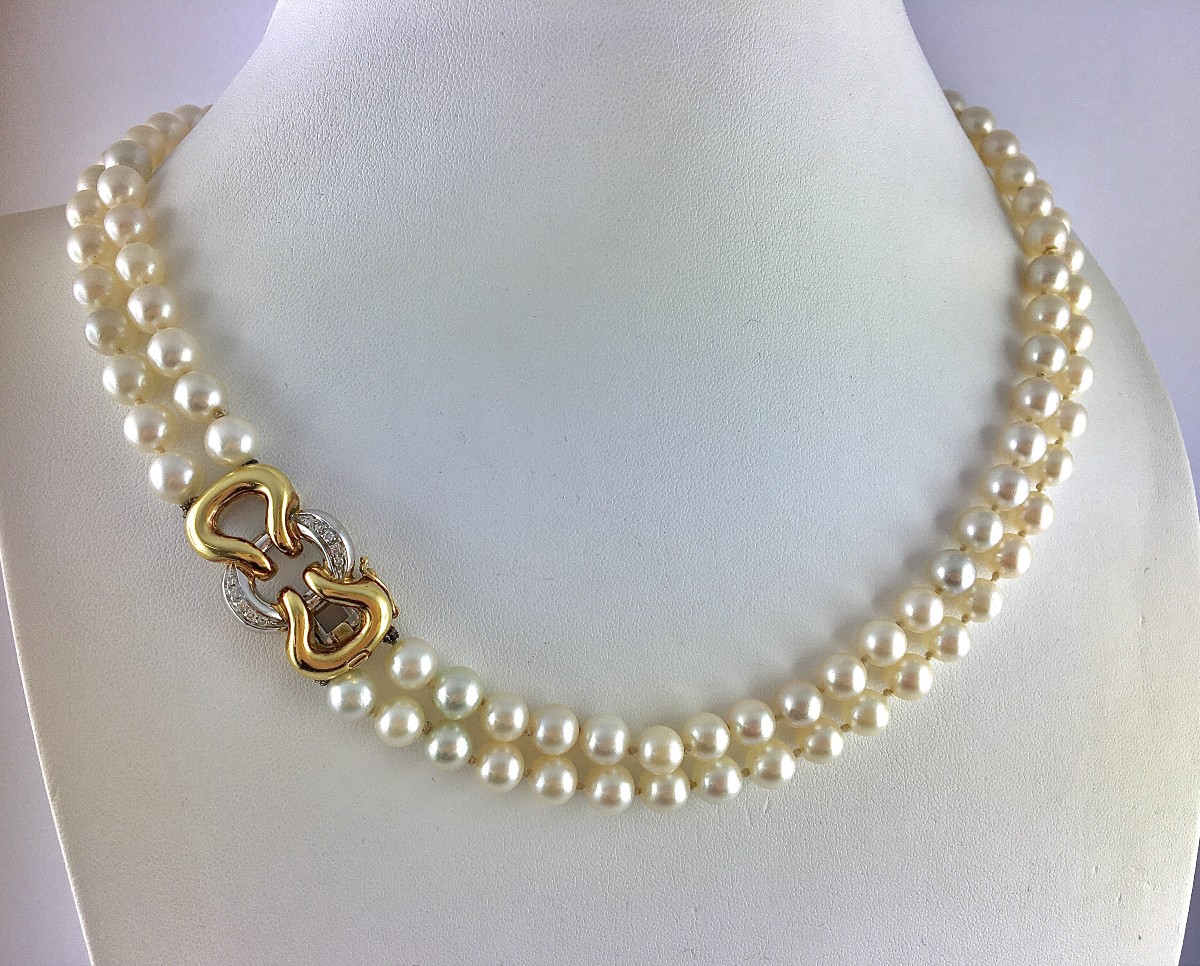 2 Row Akoya Cultured Pearl Choker Necklace With Diamond Knot Clasp / White And Yellow Gold