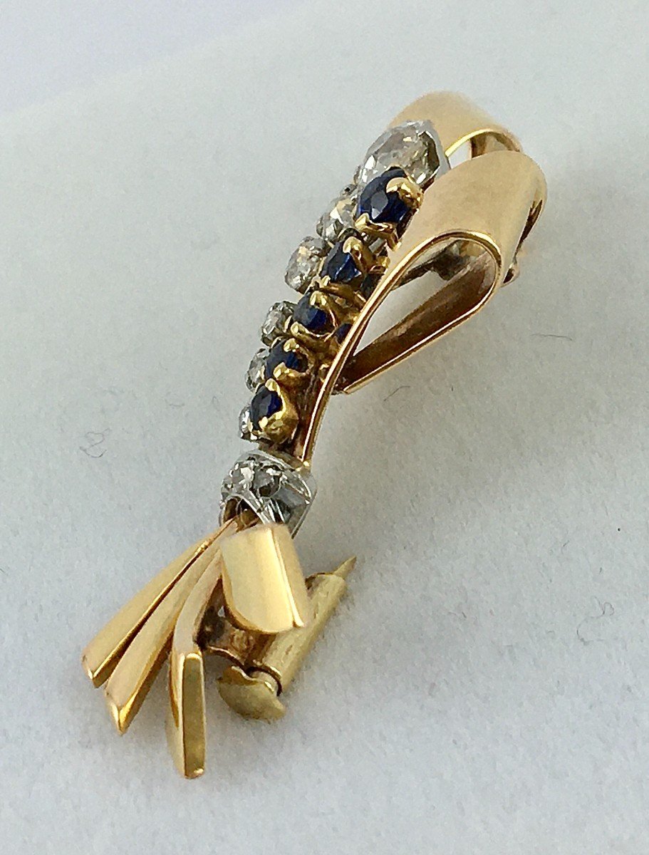 40s Knot Brooch Yellow, Rose Gold, Platinum, Diamonds And Synthetic Sapphires-photo-3