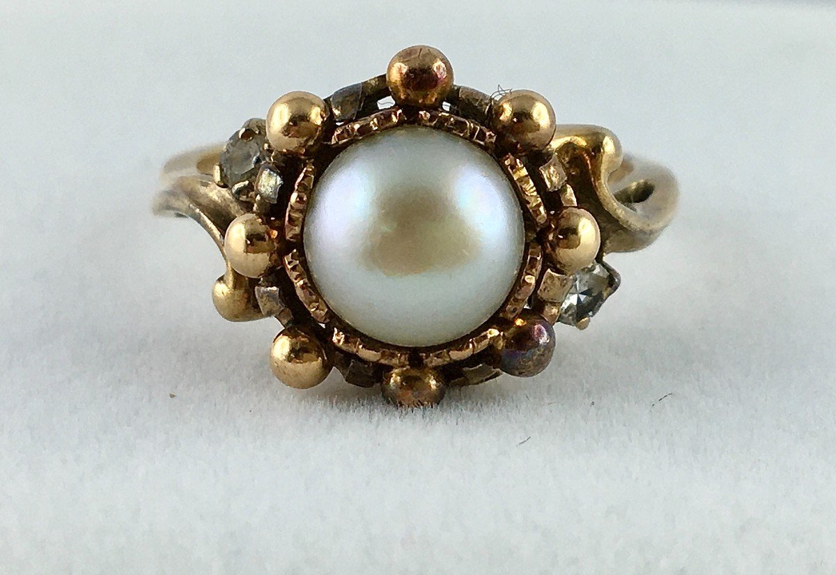 Pink Gold Pearl Button And Diamond Ring-photo-2