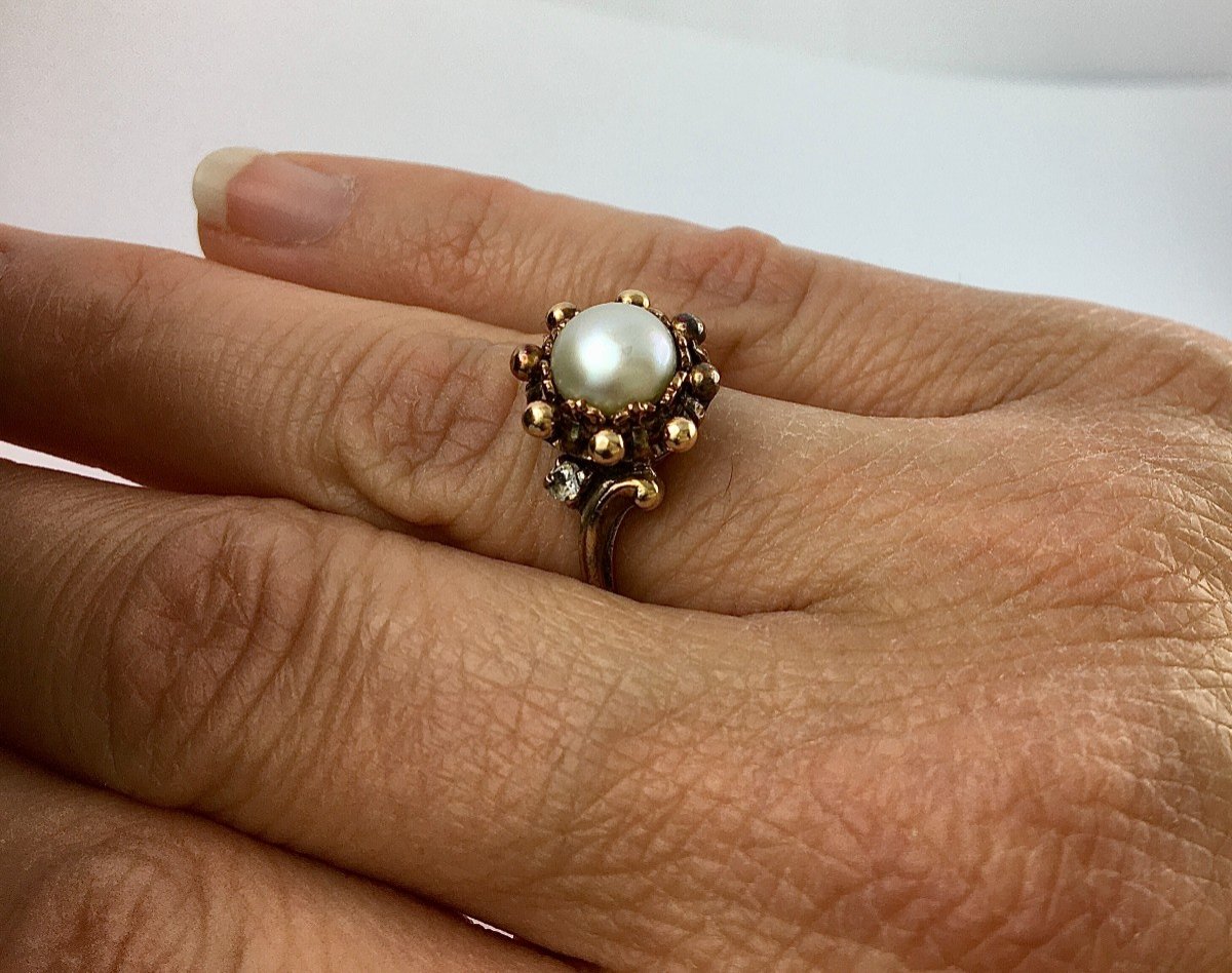 Pink Gold Pearl Button And Diamond Ring-photo-5