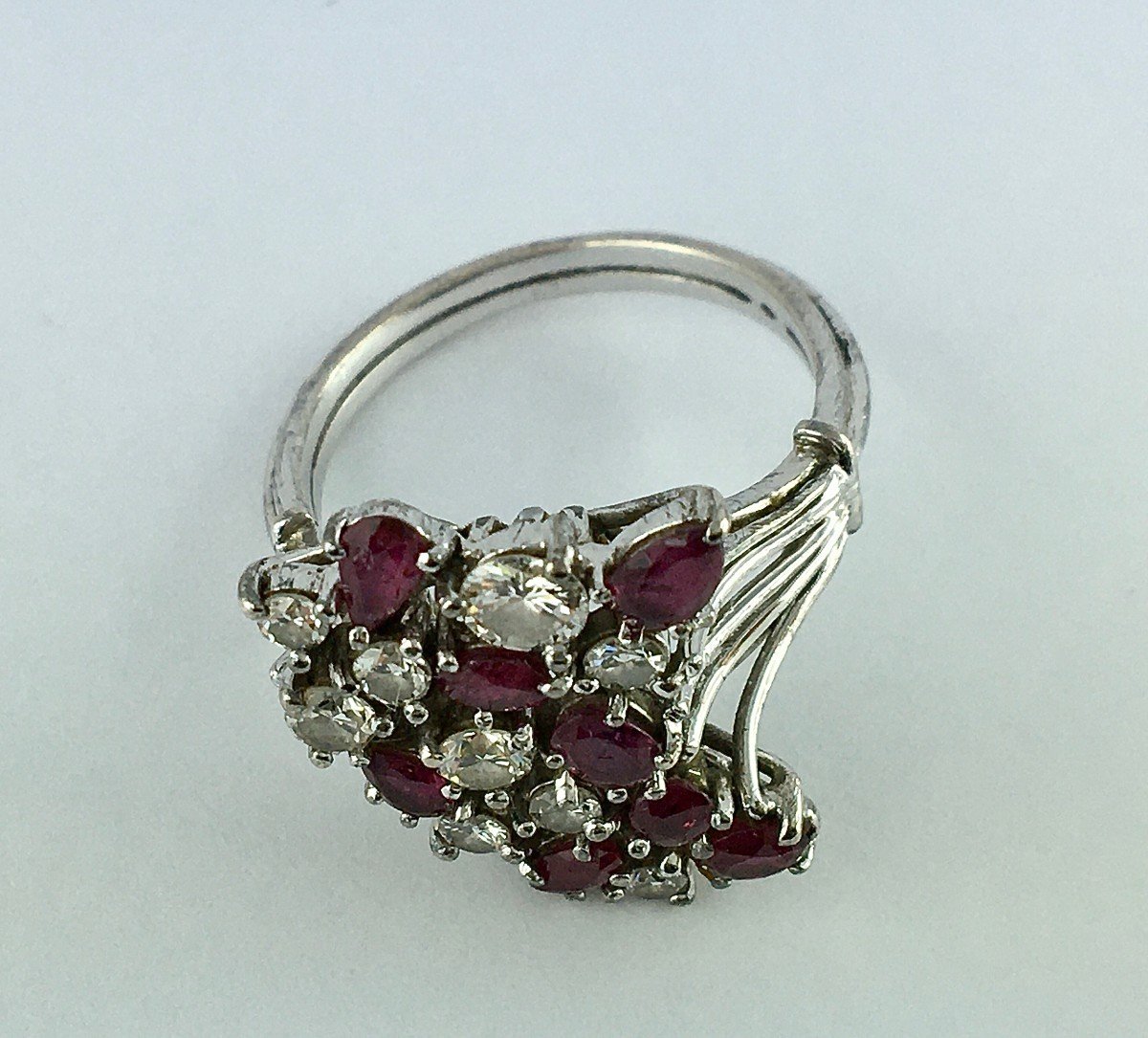 Vintage Asymmetrical Silver Ring Ruby Paving And Brilliant Cut Diamonds-photo-3