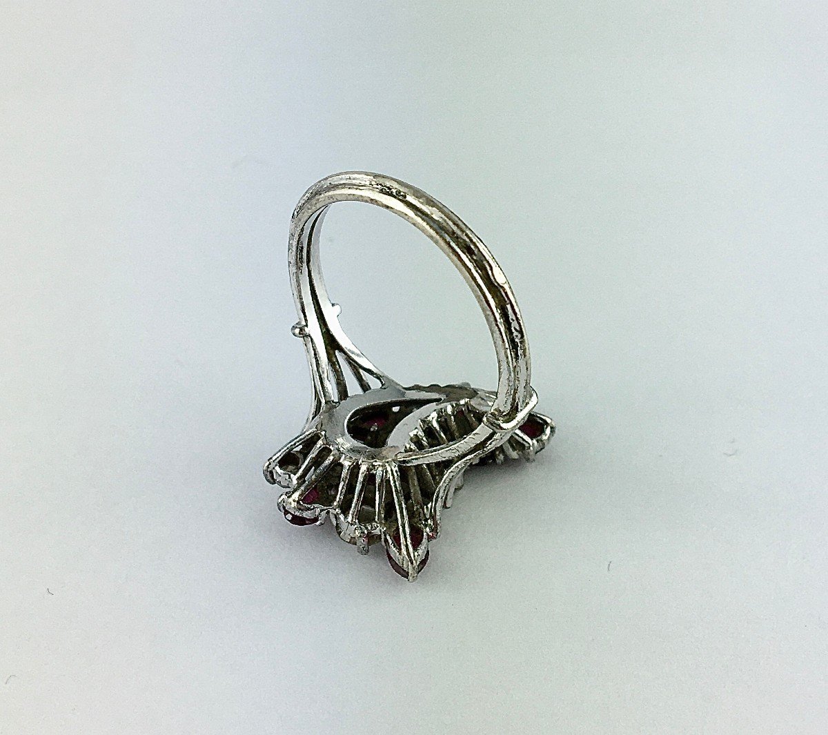 Vintage Asymmetrical Silver Ring Ruby Paving And Brilliant Cut Diamonds-photo-8