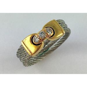 Ring Signed Fred Force 10 In Yellow Gold, Steel And Diamonds