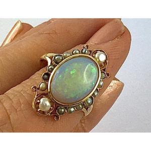 Marquise Ring With Australian Opal And Fine Pearls In Yellow Gold