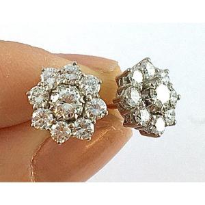 Boucles d'Oreilles  Marguerites Diamants Entourage Diamants Taille Brillant Sur Or Blanc