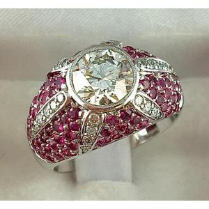 Diamond Dome Ring, Paving Pink Sapphires, Diamond Star On White Gold