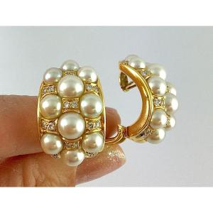 Half Hoop Clip-on Earrings Japanese Akoya Cultured Pearls Diamonds In Yellow Gold