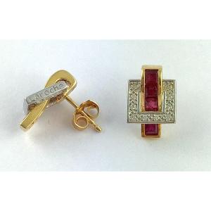 Boucles d'Oreilles Guy Laroche Rubis Fins Calibrés Sur Or Jaune Et Diamants Sur Or Blanc