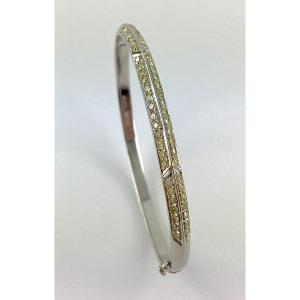 Bracelet Jonc Ouvrant Style Art Déco Diamants Jaunes Sur Or Blanc 