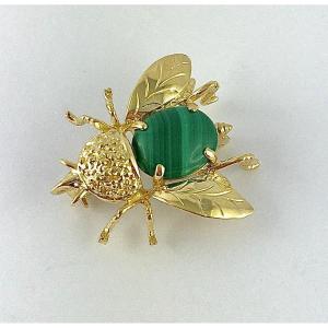 Vintage Malachite Cabochon Insect/fly Animal Brooch Pendant On Yellow Gold 