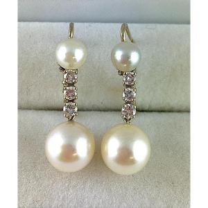 Boucles d'Oreilles Pendants Perles De Culture  Akoya Japonaises Et Diamants Sur Or Blanc