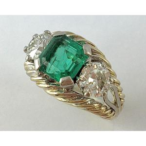 Emerald And Diamond Bangle Ring In Platinum And White Gold 