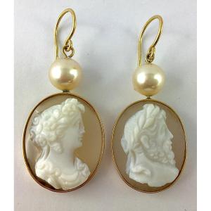 Boucles d'Oreilles Pendants Camées Agate Napoléon III  Perles De Culture Akoya Sur Or Jaune 