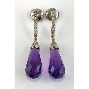 Amethyst Briolette And Diamond Row Pendant Earrings In White Gold