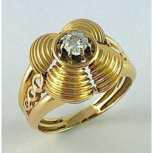 1950s Quadrilobed Dome Son Ring, Old Cut Diamond Solitaire In Rose Gold And Platinum 