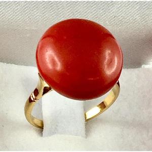 Bague Solitaire Bouton De Corail Rouge Sur  Or Jaune