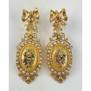 Boucles d'Oreilles Pendants Napoléon III Ors Rose, Jaune, Argent Et Perles Fines (Napoléon 3)